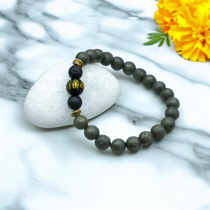 Raw Pyrite Bracelet with Buddha Mantra Bead