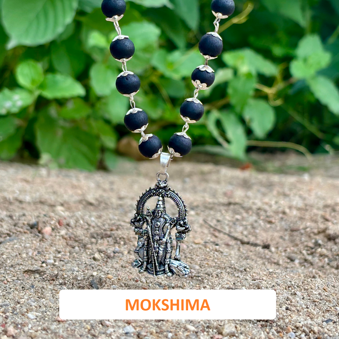 Silver Capped Karungali Mala with Lord Murugan Pendant