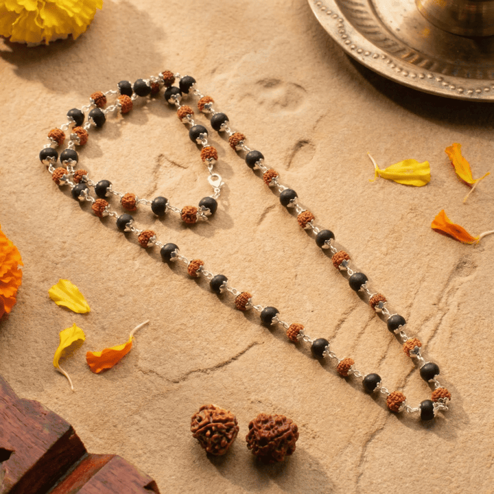 Divya Raksha Rudraksha & Karungali Mala with Silver Capping (Buy 1 Get 1 Free Gift)