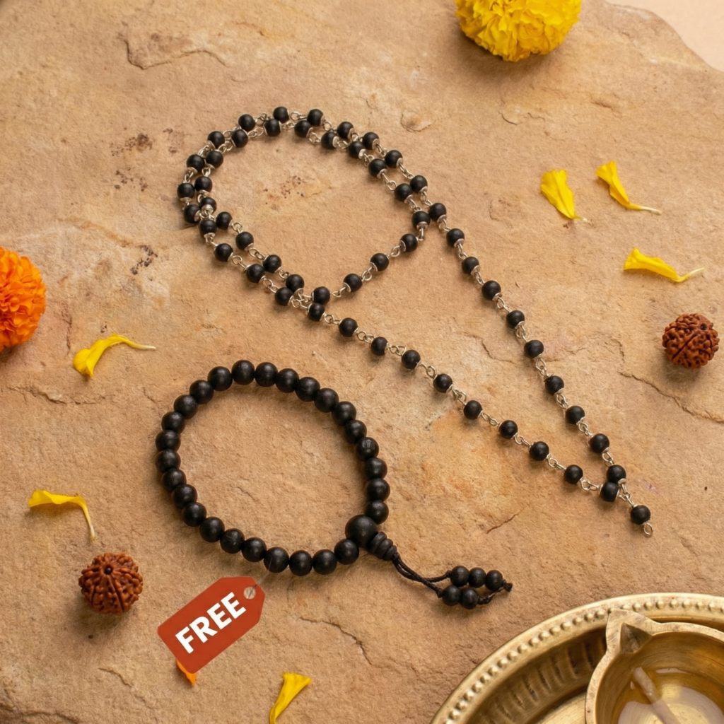 Divya Raksha Rudraksha & Karungali Mala with Silver Capping (Buy 1 Get 1 Free Gift)