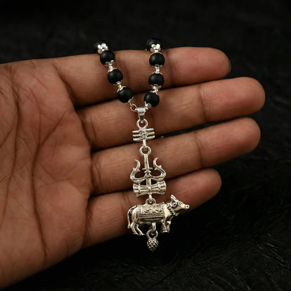 Silver Cap Karungali Mala with Trishul Nandi Pendant