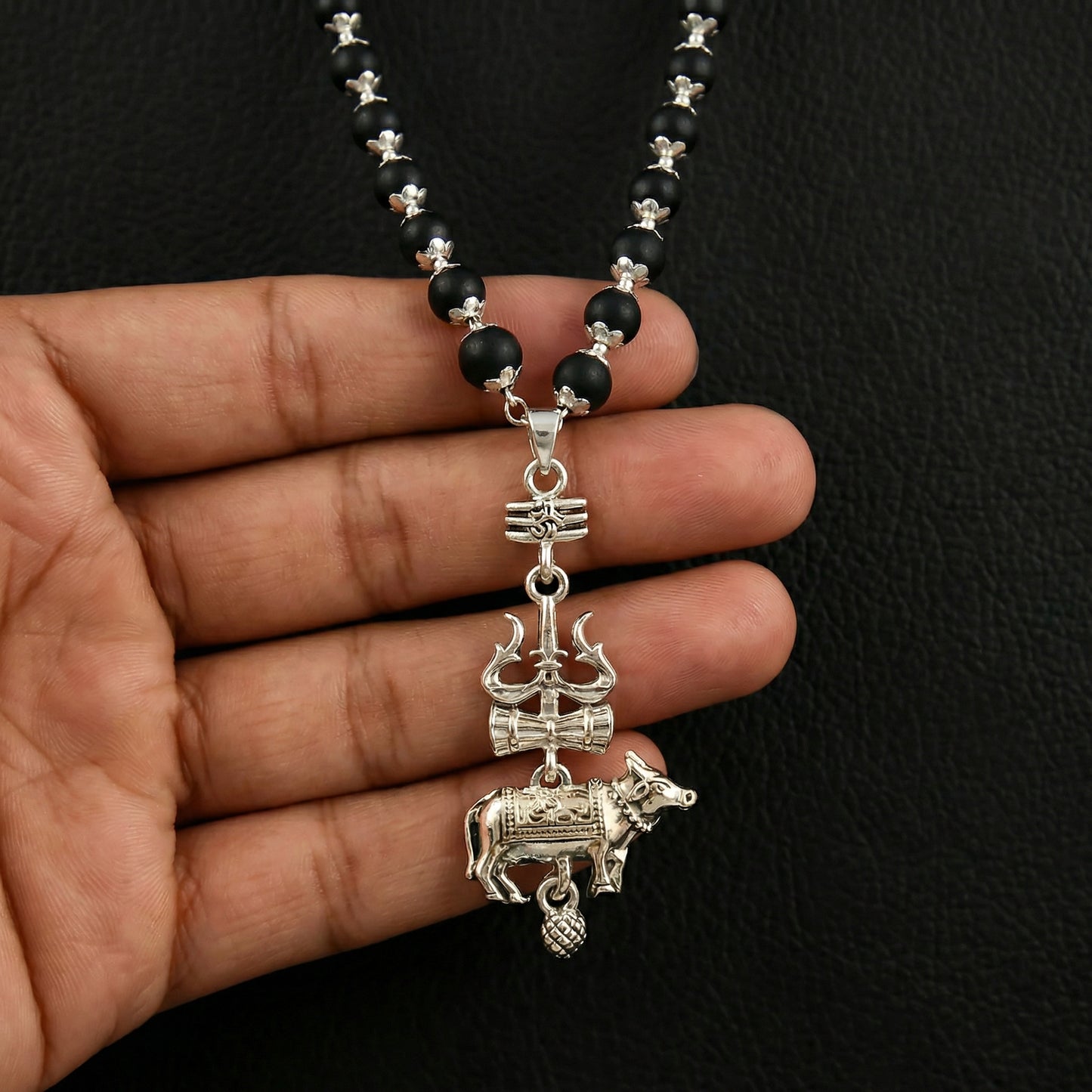 Silver Cap Karungali Mala with Trishul Nandi Pendant