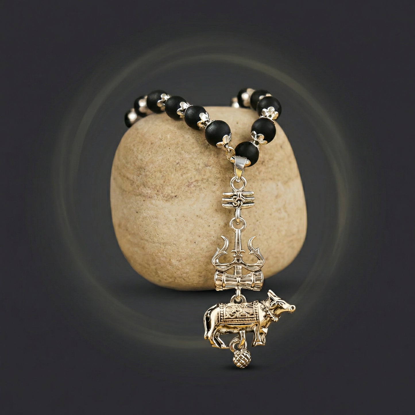 Silver Cap Karungali Mala with Trishul Nandi Pendant