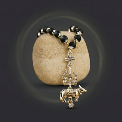 Silver Cap Karungali Mala with Trishul Nandi Pendant
