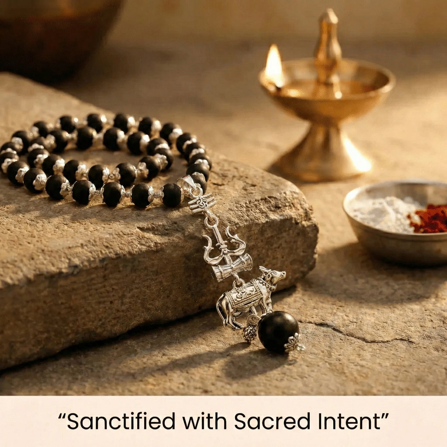 Silver Cap Karungali Mala with Trishul Nandi Pendant