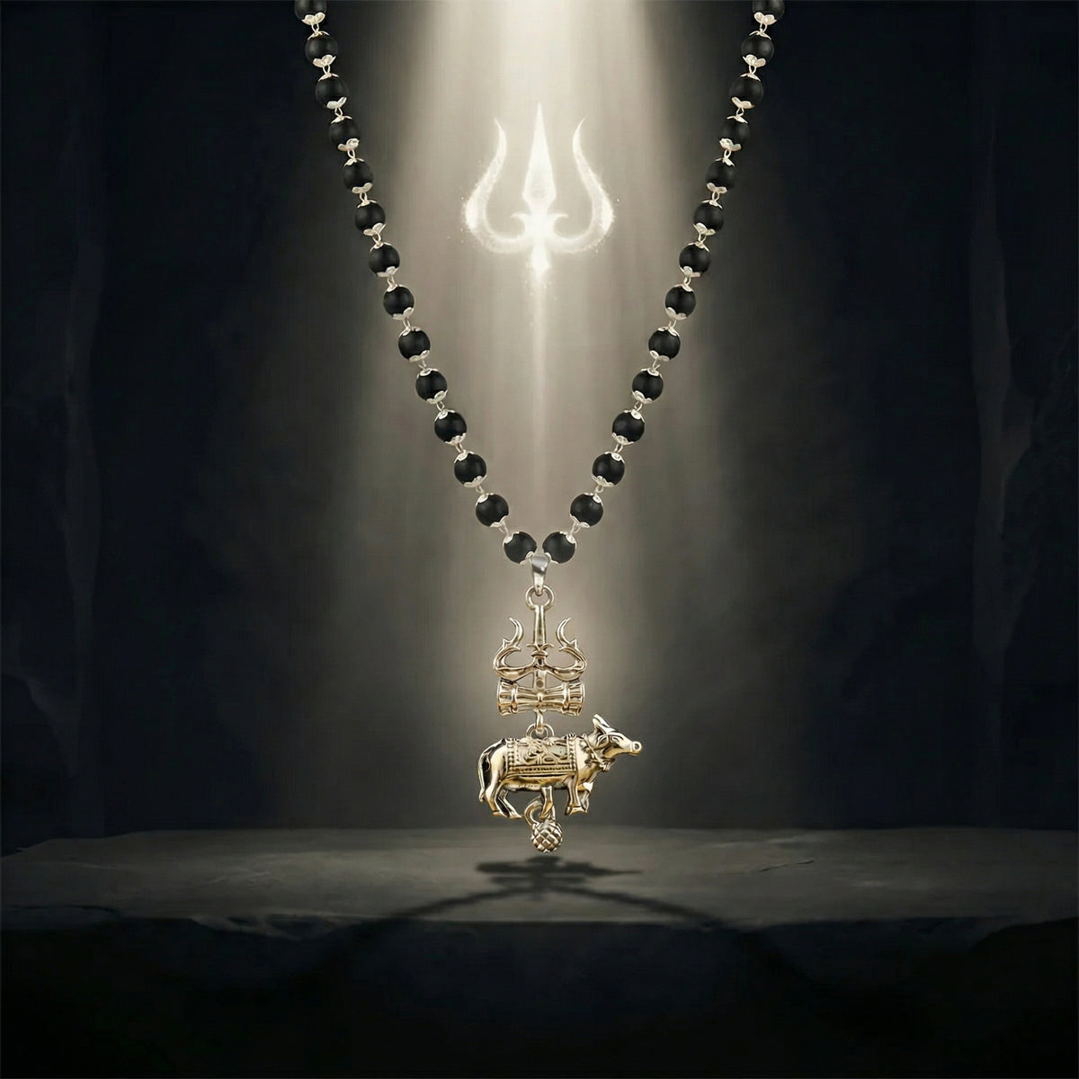 Silver Cap Karungali Mala with Trishul Nandi Pendant