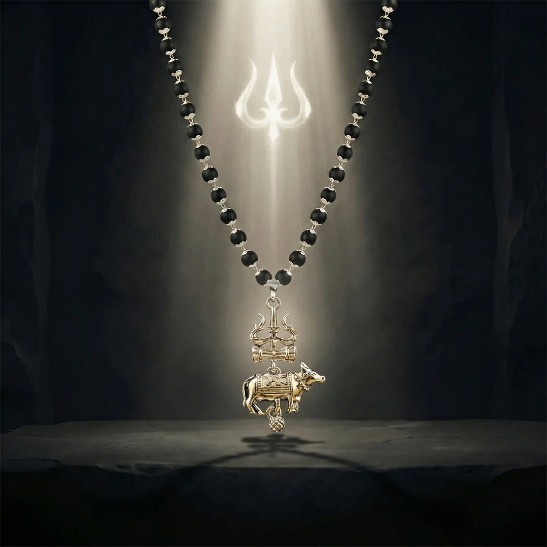 Shive Raksha Karungali Mala With Trishul Nandi Pendant