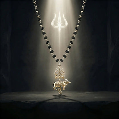 Silver Cap Karungali Mala with Trishul Nandi Pendant