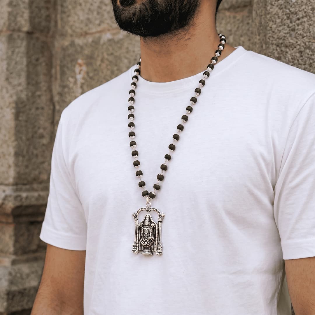 Silver-Capped Karungali Malai with Lord Venkateswara Balaji Pendant
