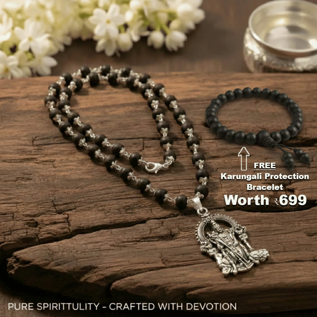 Silver Capped Karungali Mala with Lord Murugan Pendant