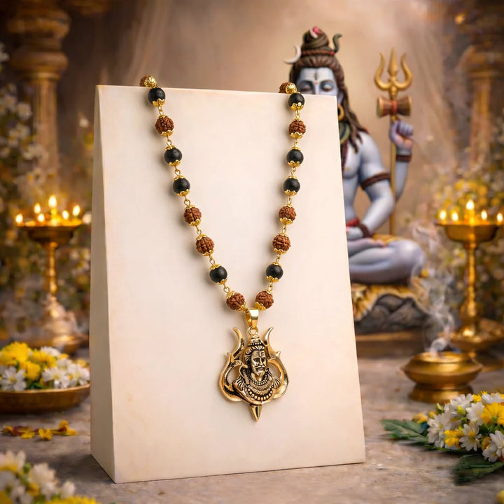 Rudraksha Karungali Malai in Gold-Cap with Shiv Pendant