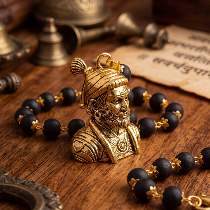 Shivaji Maharaj Pendant With Gold Cap Karungali Mala