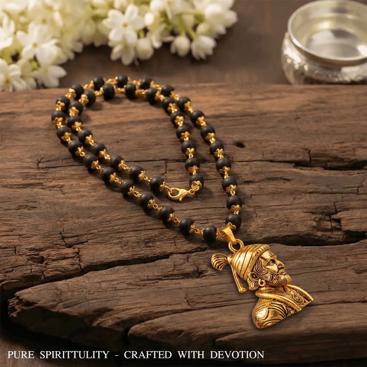 Shivaji Maharaj Pendant With Gold Cap Karungali Mala