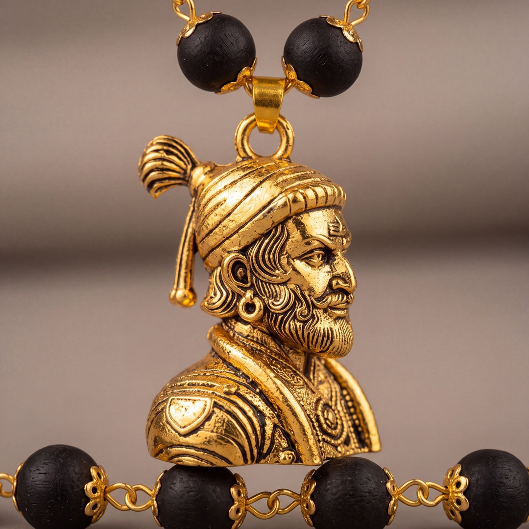 Shivaji Maharaj Pendant With Gold Cap Karungali Mala
