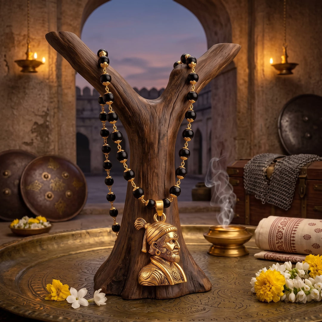 Shivaji Maharaj Pendant With Gold Cap Karungali Mala