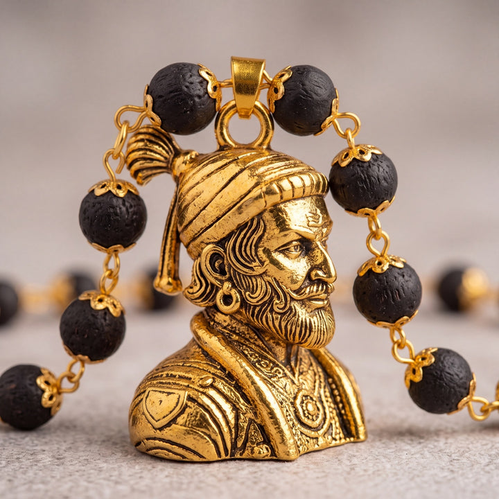 Shivaji Maharaj Pendant With Gold Cap Karungali Mala