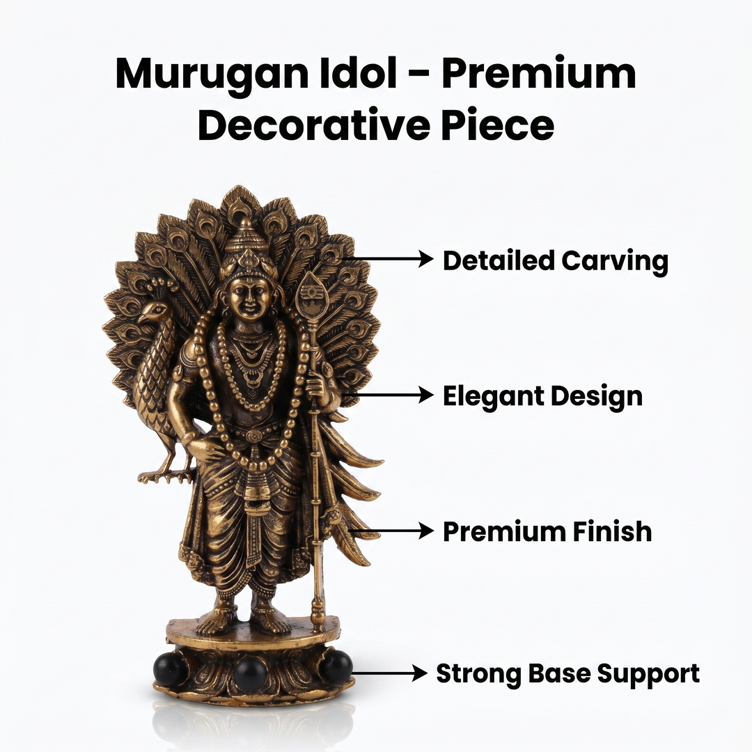 Divine Lord Murugan Idol with Peacock - Gold Plated