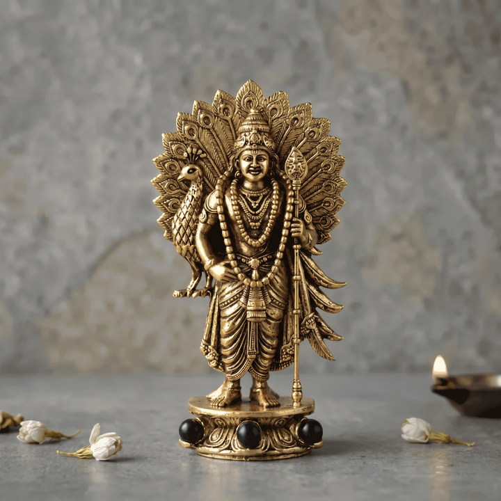 Divine Lord Murugan Idol with Peacock - Gold Plated