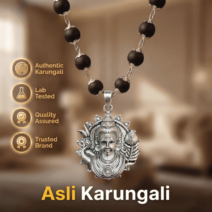 Silver Karungali Necklace with Murugan Vetri Vel Pendant