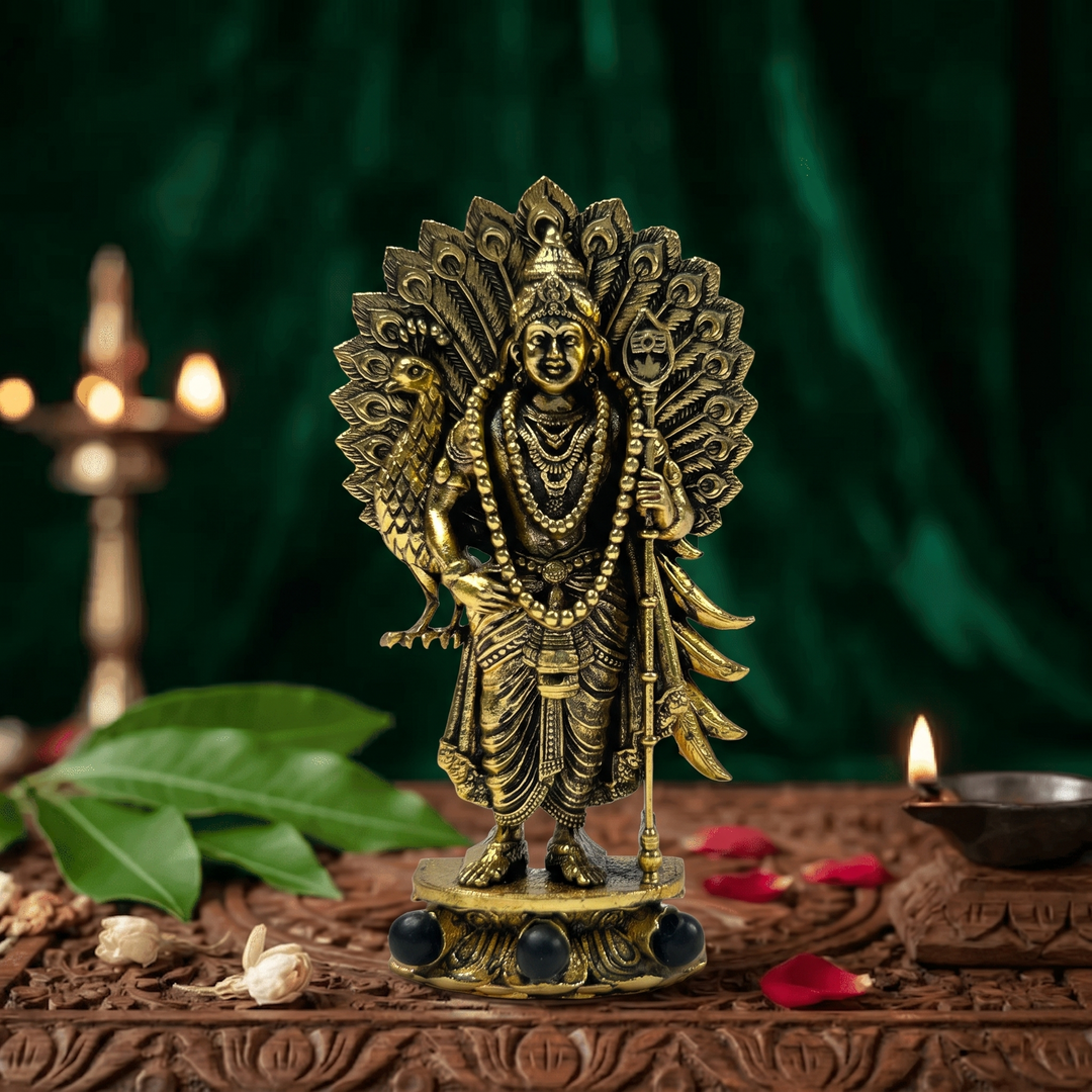 Divine Lord Murugan Idol with Peacock - Gold Plated