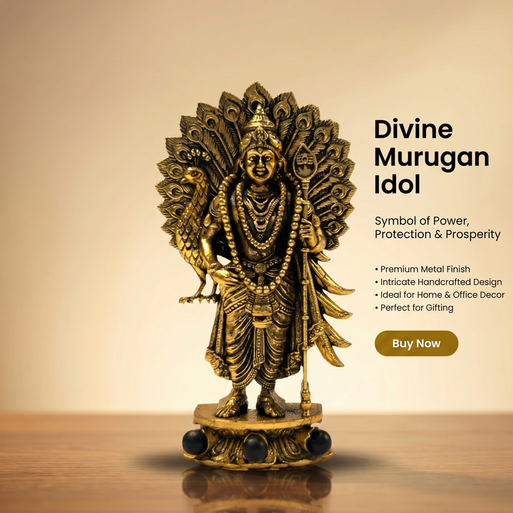 Divine Lord Murugan Idol with Peacock - Gold Plated