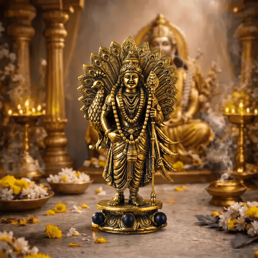 Divine Lord Murugan Idol with Peacock - Silver Plated
